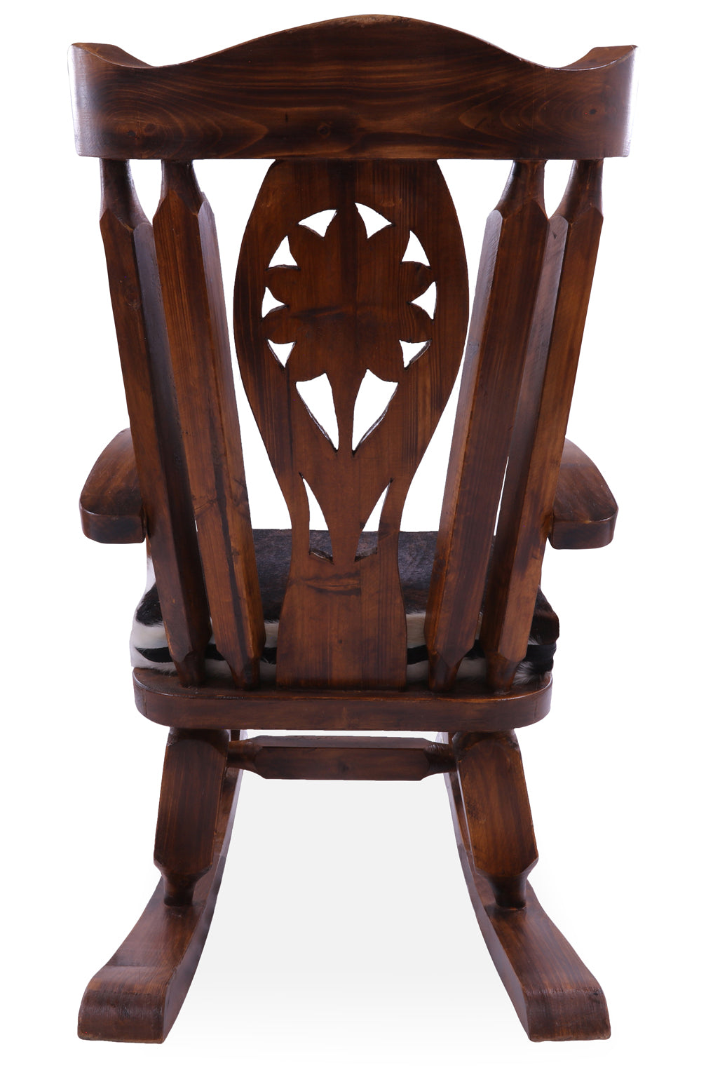 Wooden Rocking Chair Handcarved Back Sunflower Removable Hair-On Cowhide Pillow