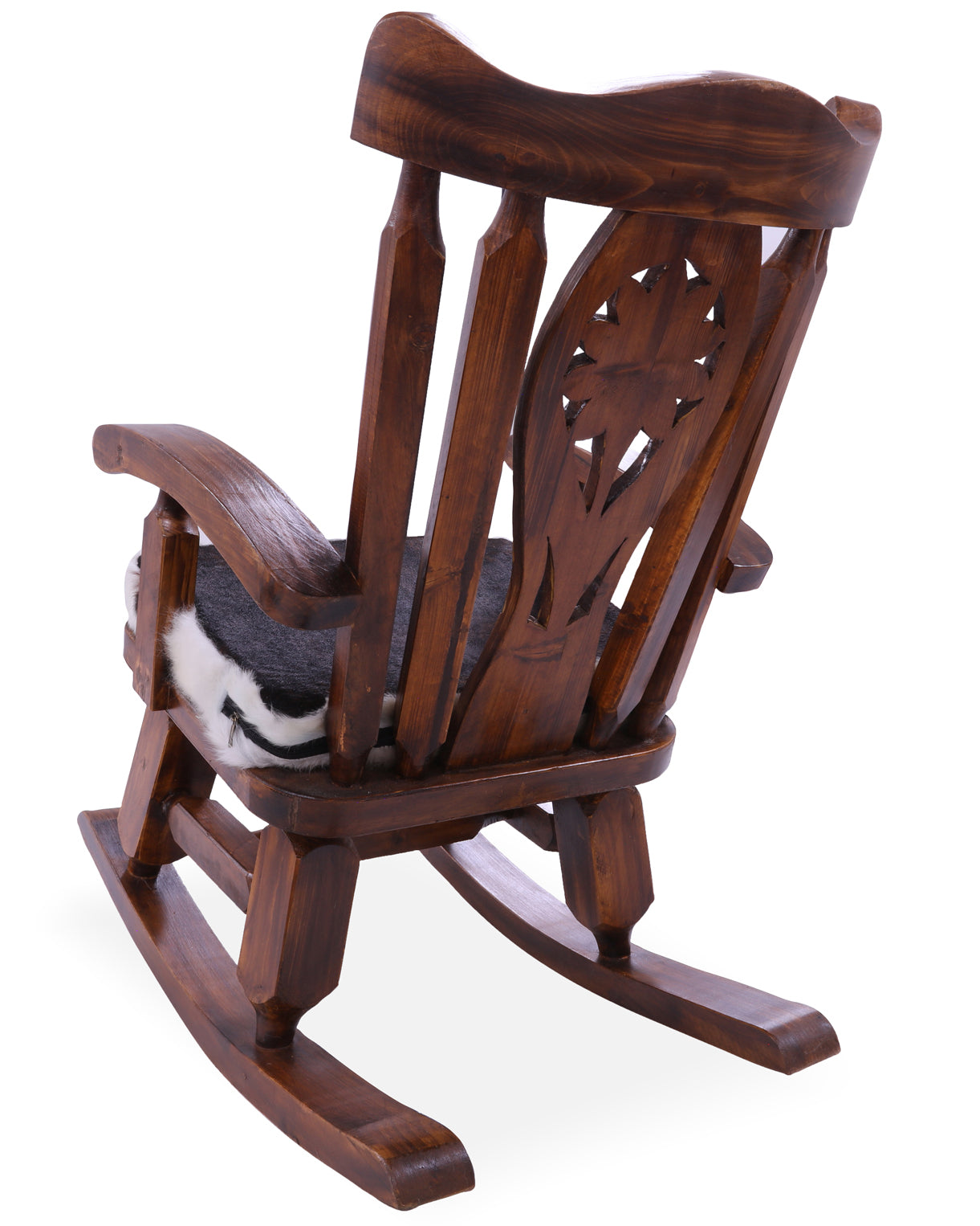 Wooden Rocking Chair Handcarved Back Sunflower Removable Hair-On Cowhide Pillow