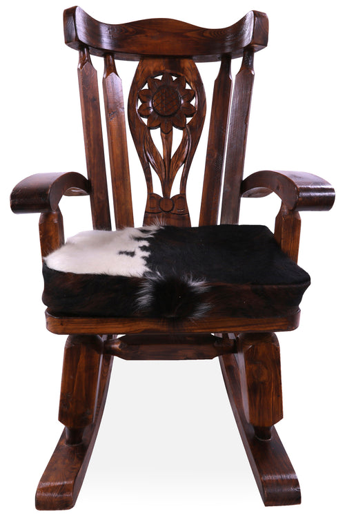 Wooden Rocking Chair Handcarved Back Sunflower Removable Hair-On Cowhide Pillow