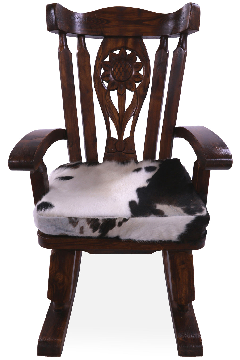 Wooden Rocking Chair Handcarved Back Sunflower Removable Hair-On Cowhide Pillow