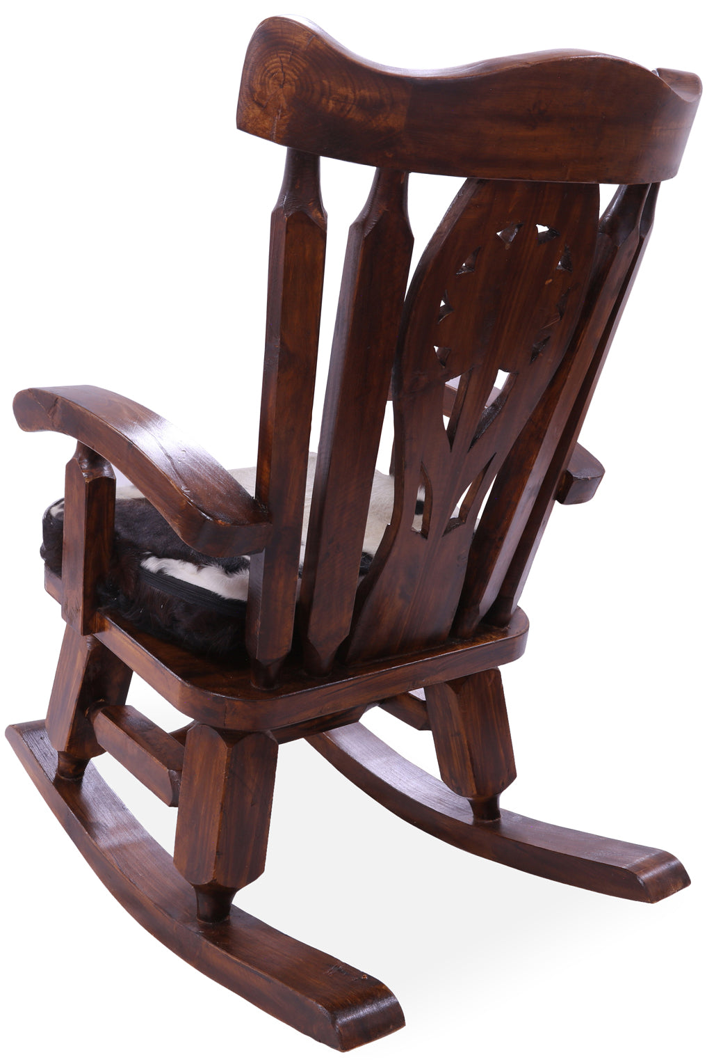 Wooden Rocking Chair Handcarved Back Sunflower Removable Hair-On Cowhide Pillow