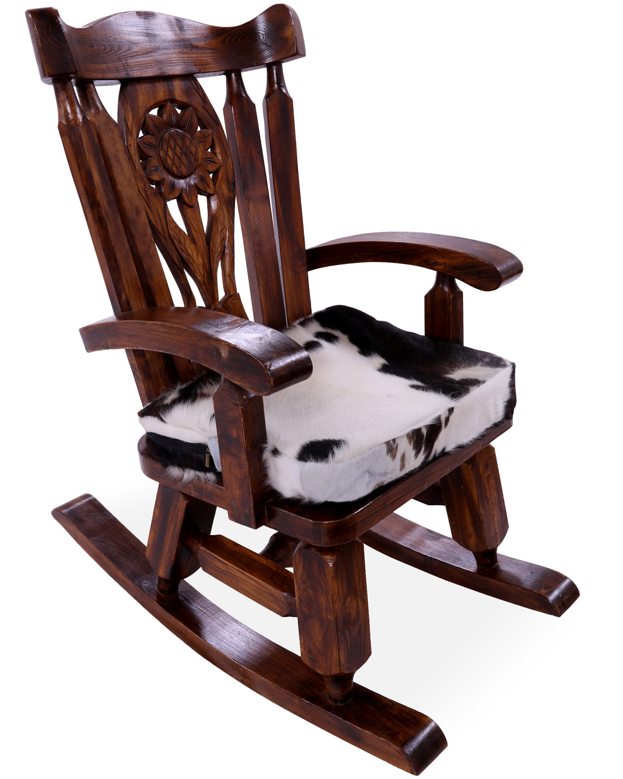 Wooden Rocking Chair Handcarved Back Sunflower Removable Hair-On Cowhide Pillow