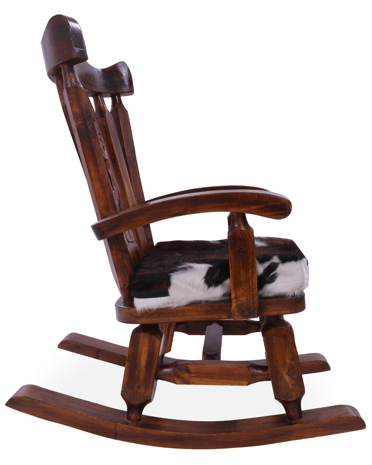 Wooden Rocking Chair Handcarved Back Sunflower Removable Hair-On Cowhide Pillow