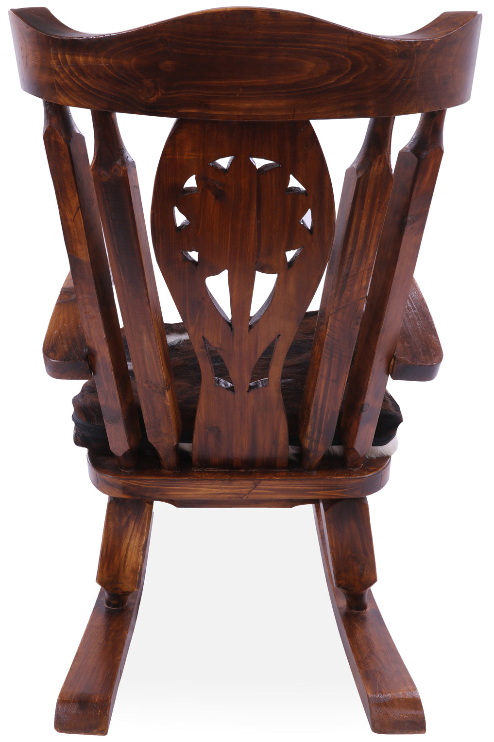 Wooden Rocking Chair Handcarved Back Sunflower Removable Hair-On Cowhide Pillow