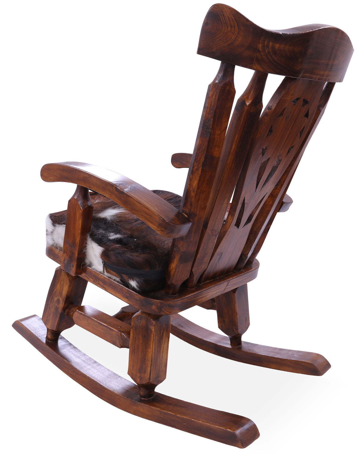 Wooden Rocking Chair Handcarved Back Sunflower Removable Hair-On Cowhide Pillow