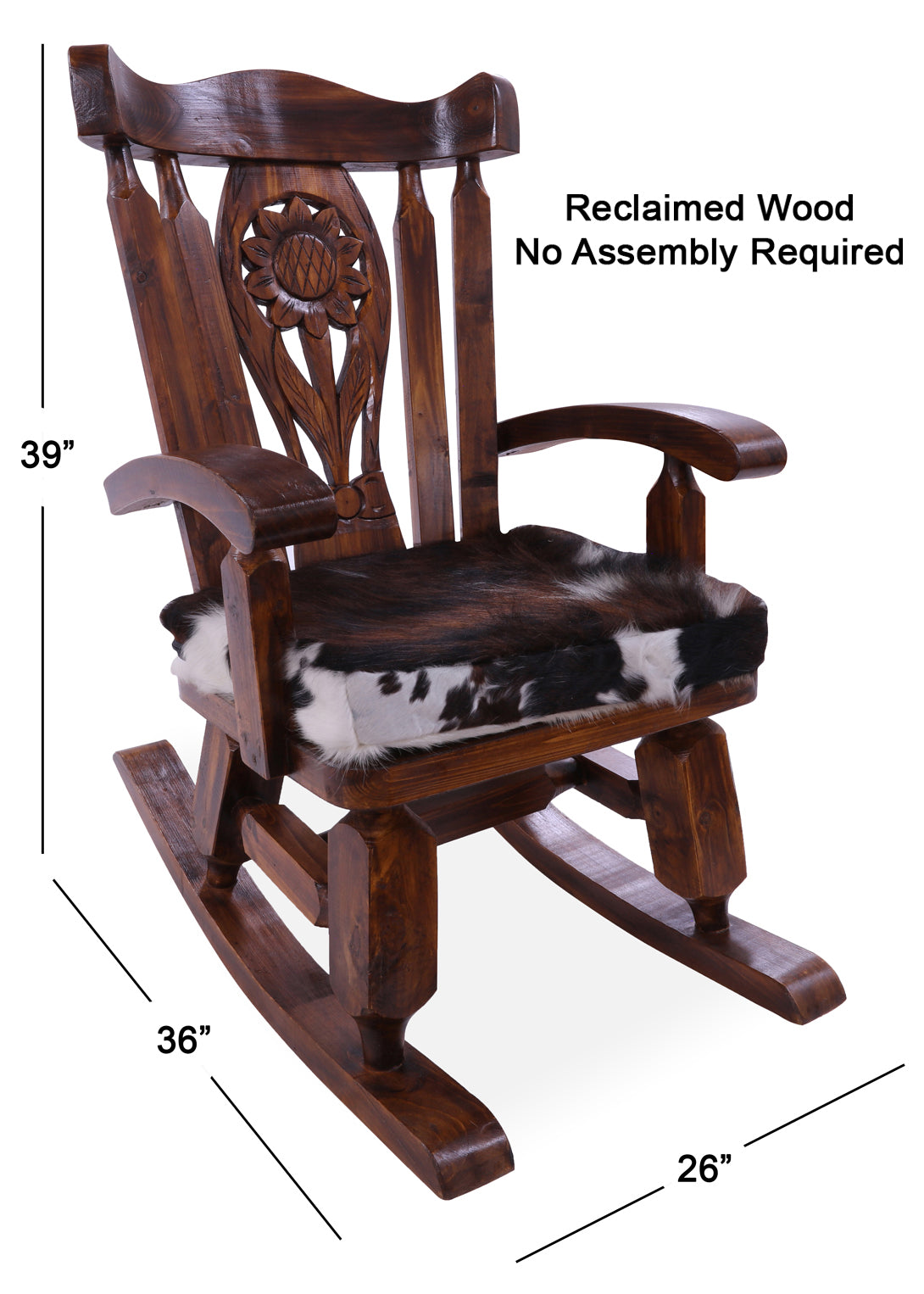 Wooden Rocking Chair Handcarved Back Sunflower Removable Hair-On Cowhide Pillow