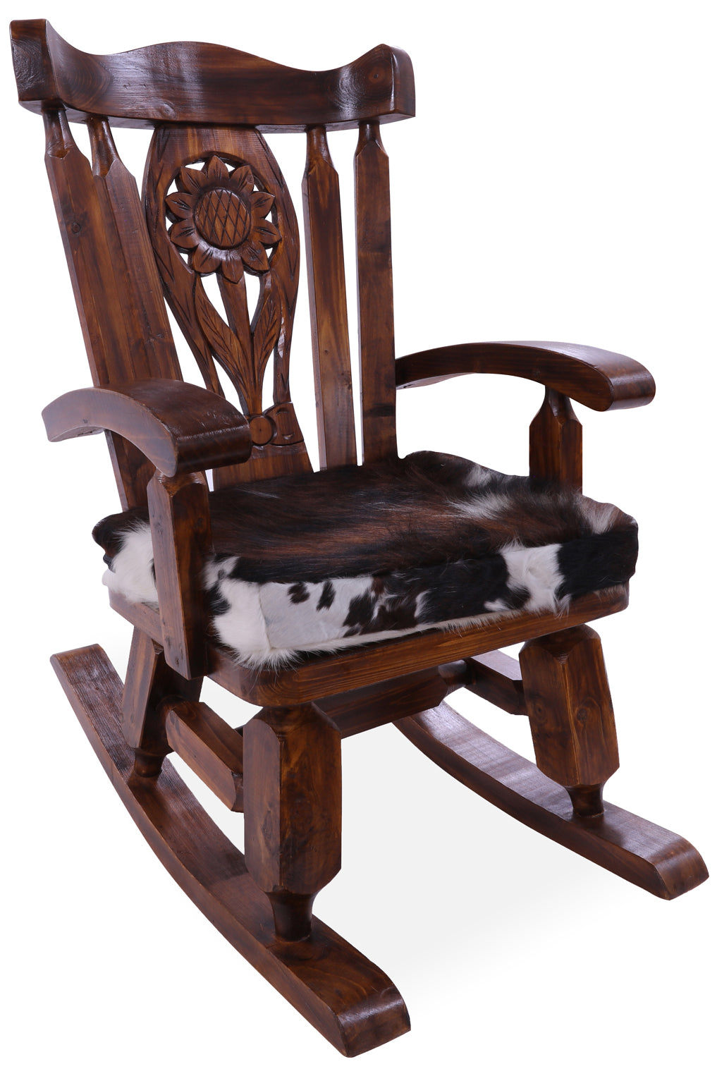 Wooden Rocking Chair Handcarved Back Sunflower Removable Hair-On Cowhide Pillow