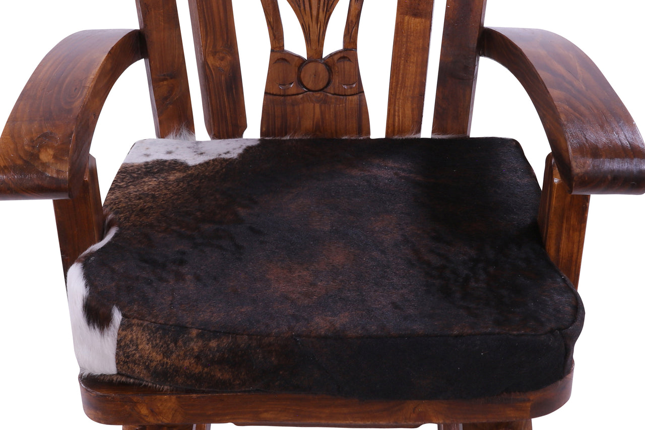 Wooden Rocking Chair Handcarved Back Sunflower Removable Hair-On Cowhide Pillow