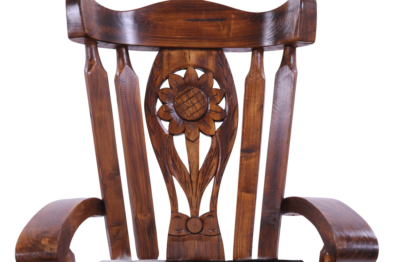 Wooden Rocking Chair Handcarved Back Sunflower Removable Hair-On Cowhide Pillow