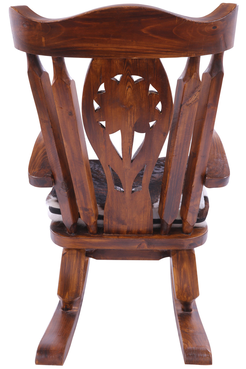 Wooden Rocking Chair Handcarved Back Sunflower Removable Hair-On Cowhide Pillow