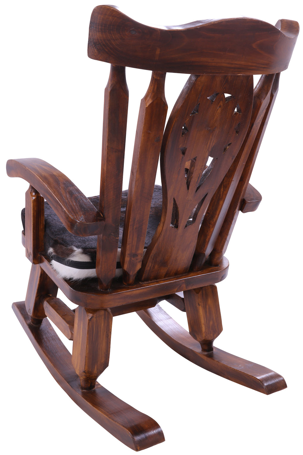 Wooden Rocking Chair Handcarved Back Sunflower Removable Hair-On Cowhide Pillow