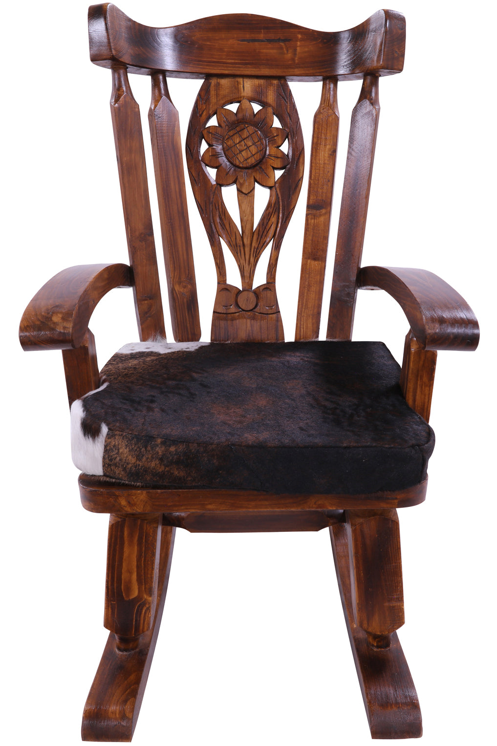 Wooden Rocking Chair Handcarved Back Sunflower Removable Hair-On Cowhide Pillow