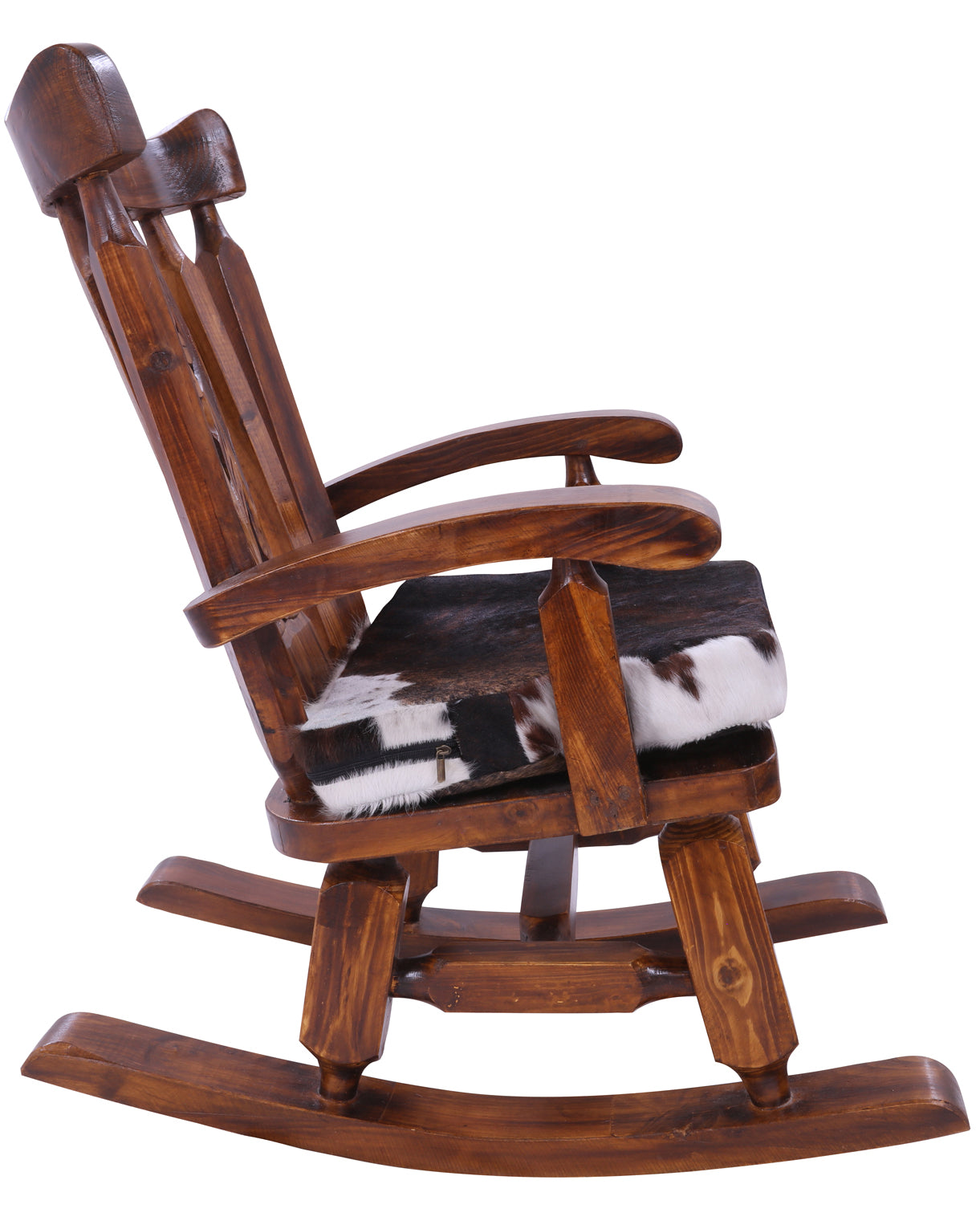 Wooden Rocking Chair Handcarved Back Sunflower Removable Hair-On Cowhide Pillow