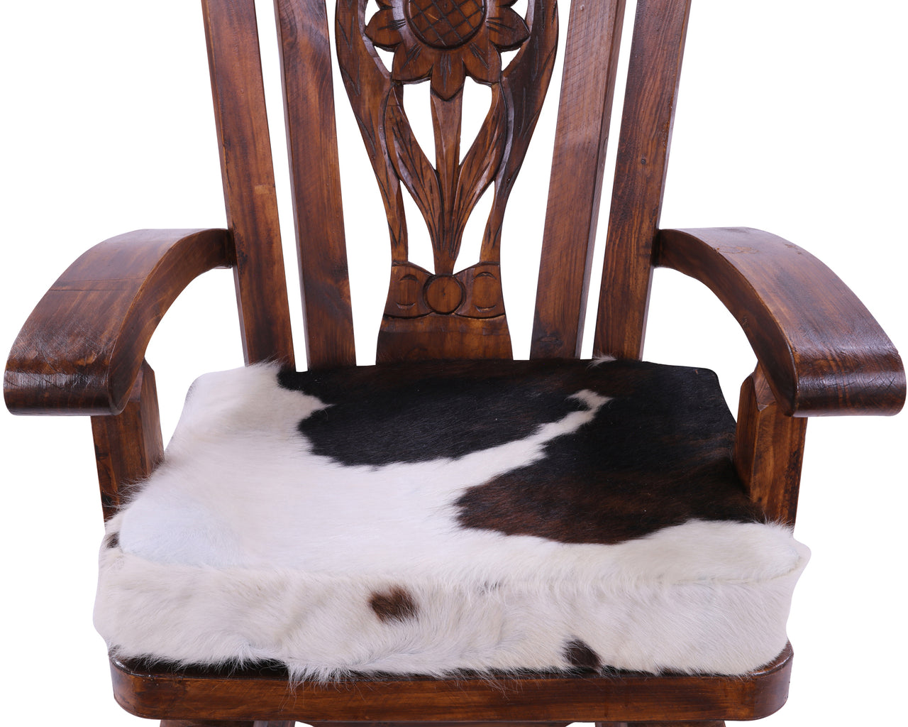 Wooden Rocking Chair Handcarved Back Sunflower Removable Hair-On Cowhide Pillow