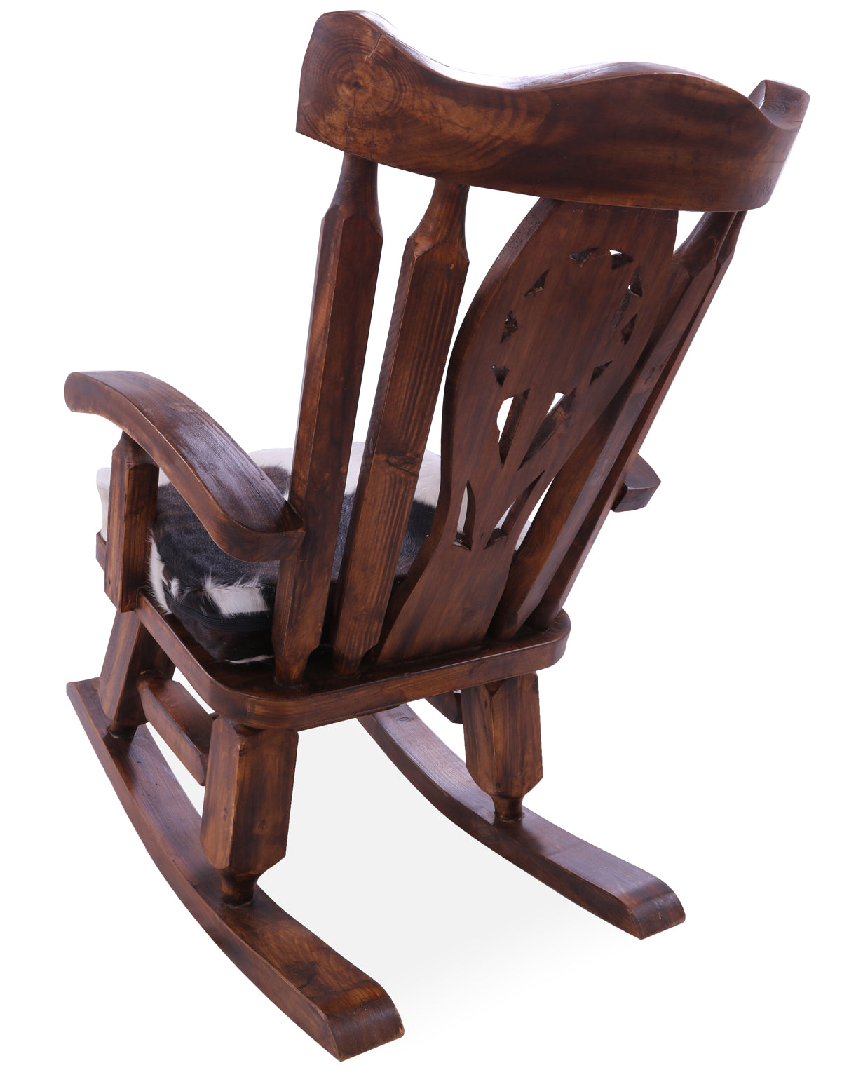 Wooden Rocking Chair Handcarved Back Sunflower Removable Hair-On Cowhide Pillow