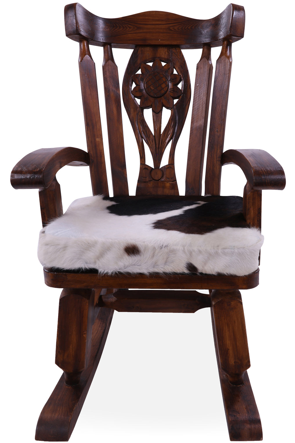 Wooden Rocking Chair Handcarved Back Sunflower Removable Hair-On Cowhide Pillow