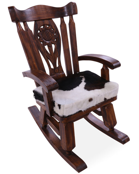 Wooden Rocking Chair Handcarved Back Sunflower Removable Hair-On Cowhide Pillow