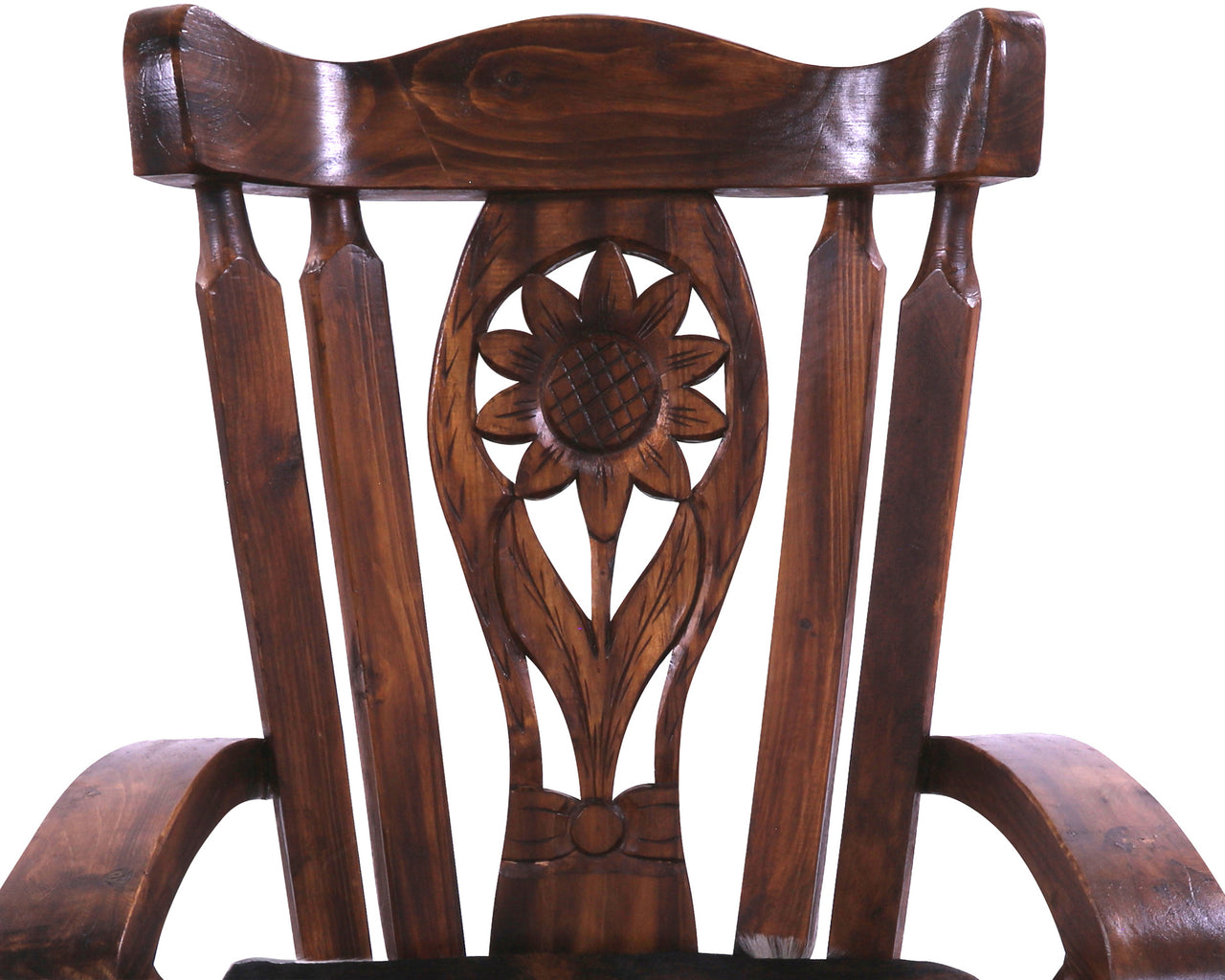 Wooden Rocking Chair Handcarved Back Sunflower Removable Hair-On Cowhide Pillow