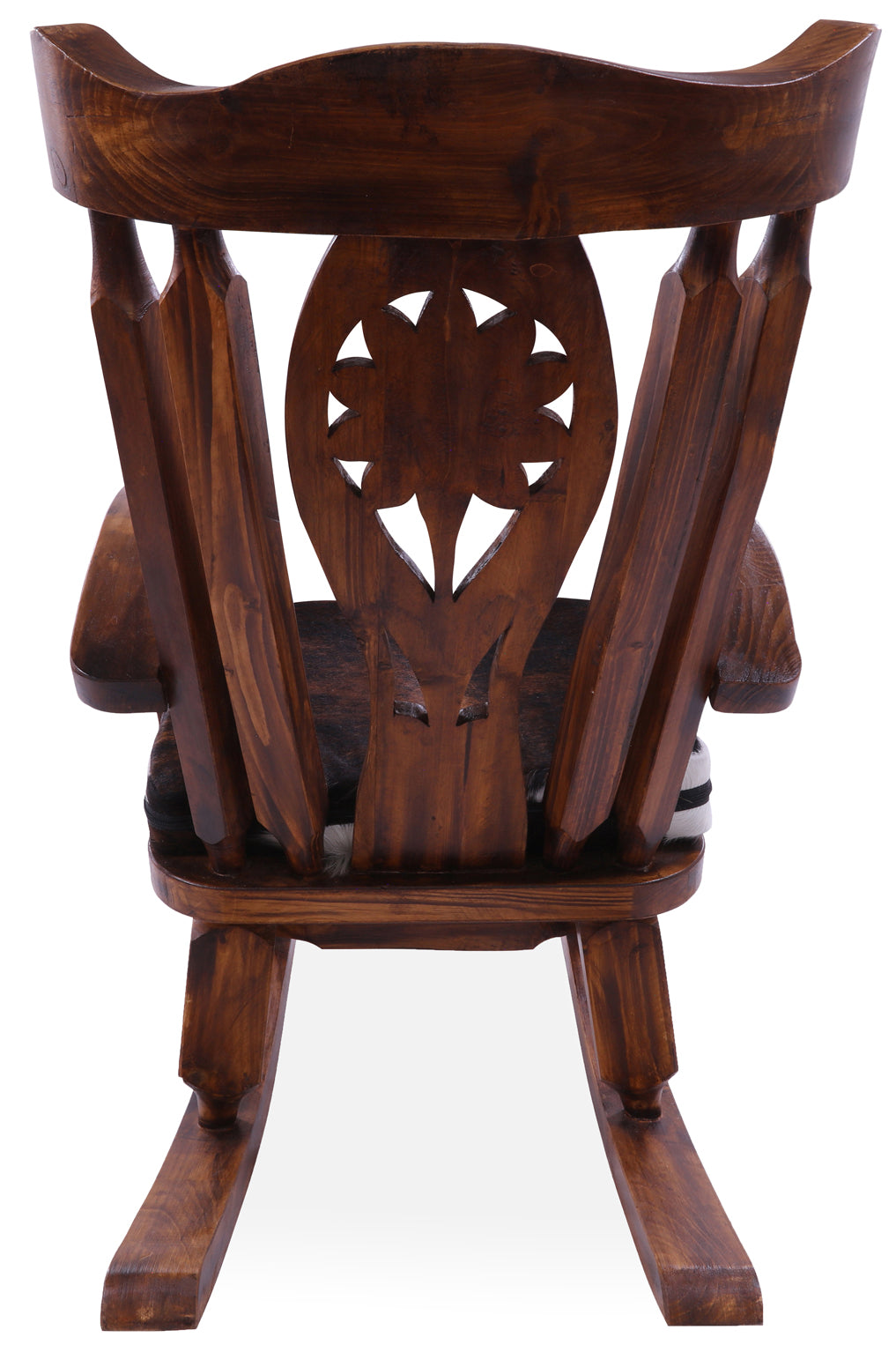 Wooden Rocking Chair Handcarved Back Sunflower Removable Hair-On Cowhide Pillow