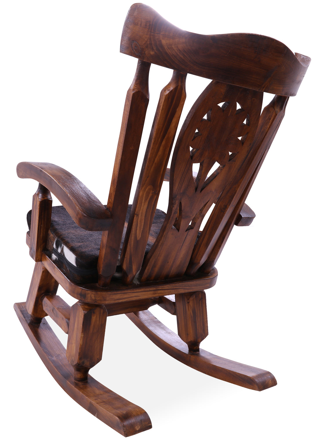 Wooden Rocking Chair Handcarved Back Sunflower Removable Hair-On Cowhide Pillow