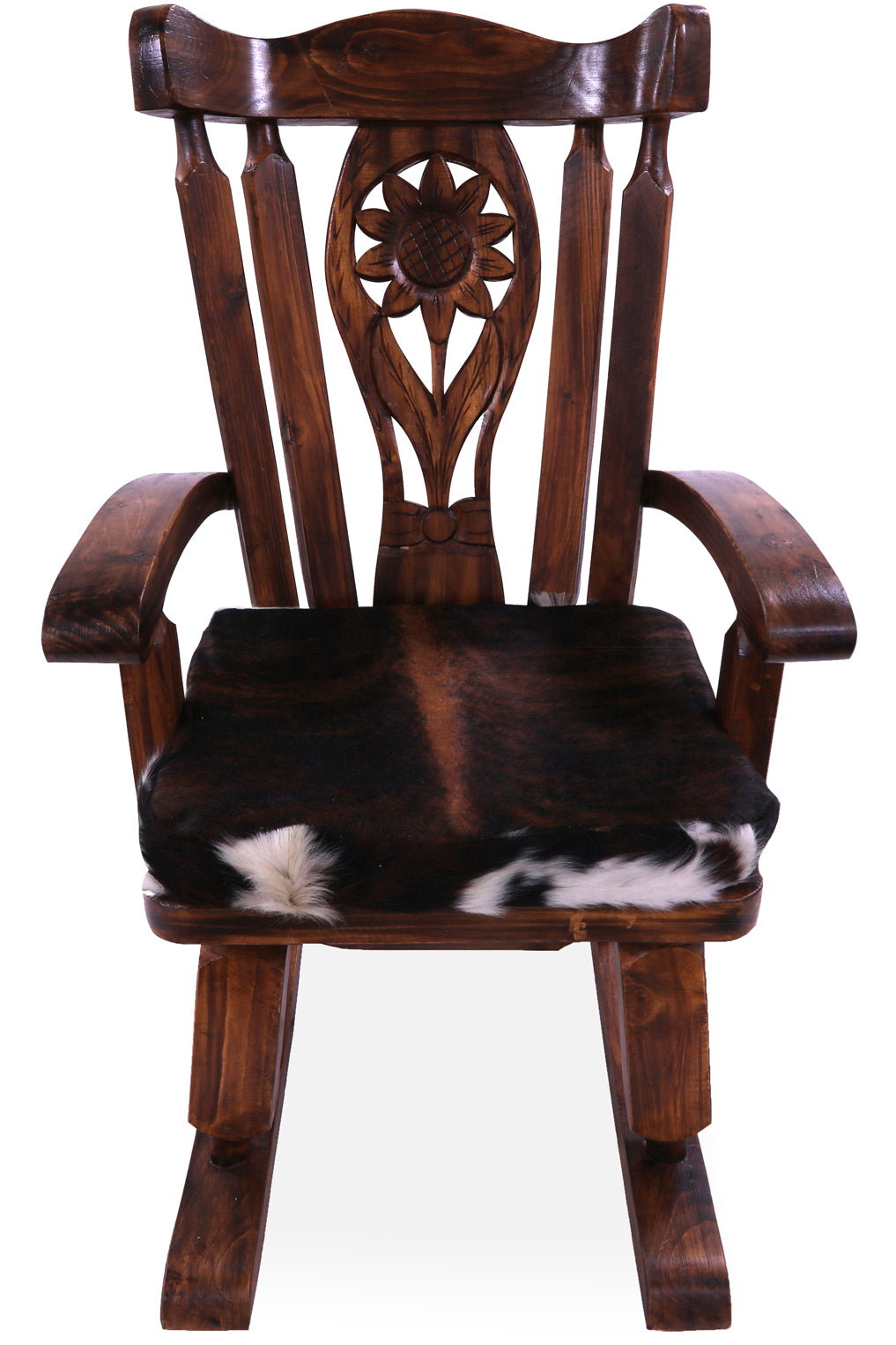 Wooden Rocking Chair Handcarved Back Sunflower Removable Hair-On Cowhide Pillow