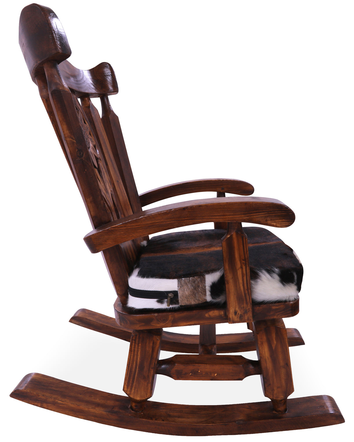 Wooden Rocking Chair Handcarved Back Sunflower Removable Hair-On Cowhide Pillow