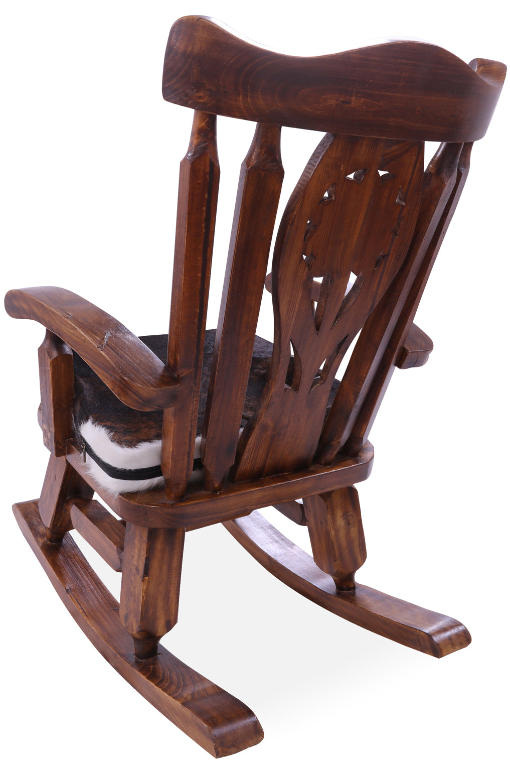 Wooden Rocking Chair Handcarved Back Sunflower Removable Hair-On Cowhide Pillow