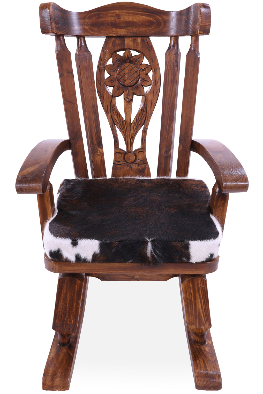 Wooden Rocking Chair Handcarved Back Sunflower Removable Hair-On Cowhide Pillow