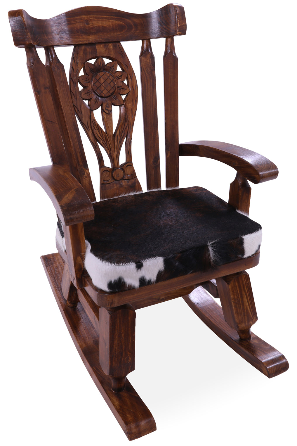 Wooden Rocking Chair Handcarved Back Sunflower Removable Hair-On Cowhide Pillow