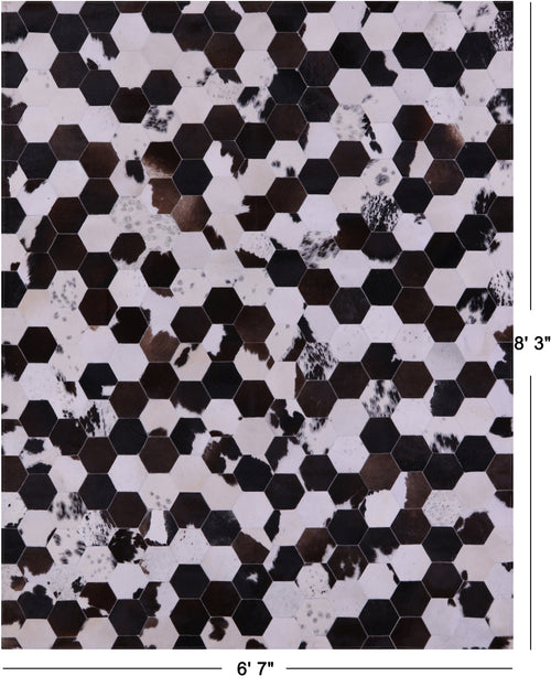 Brown & White Hexagon Patchwork Natural Cowhide Rug - 6' 7