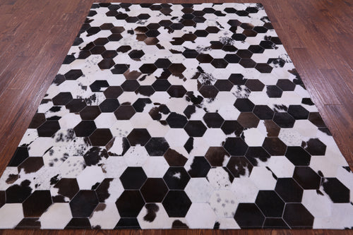 Brown & White Hexagon Patchwork Natural Cowhide Rug - 6' 7