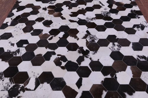 Brown & White Hexagon Patchwork Natural Cowhide Rug - 6' 7