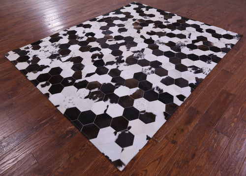 Brown & White Hexagon Patchwork Natural Cowhide Rug - 6' 7