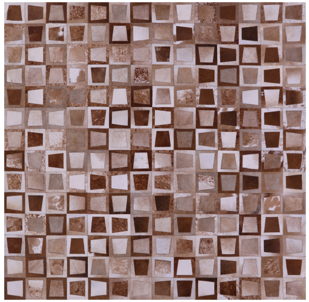 Wabi-Sabi Brown & White Square Patchwork Natural Cowhide Rug - 6' 10" x 6' 10"
